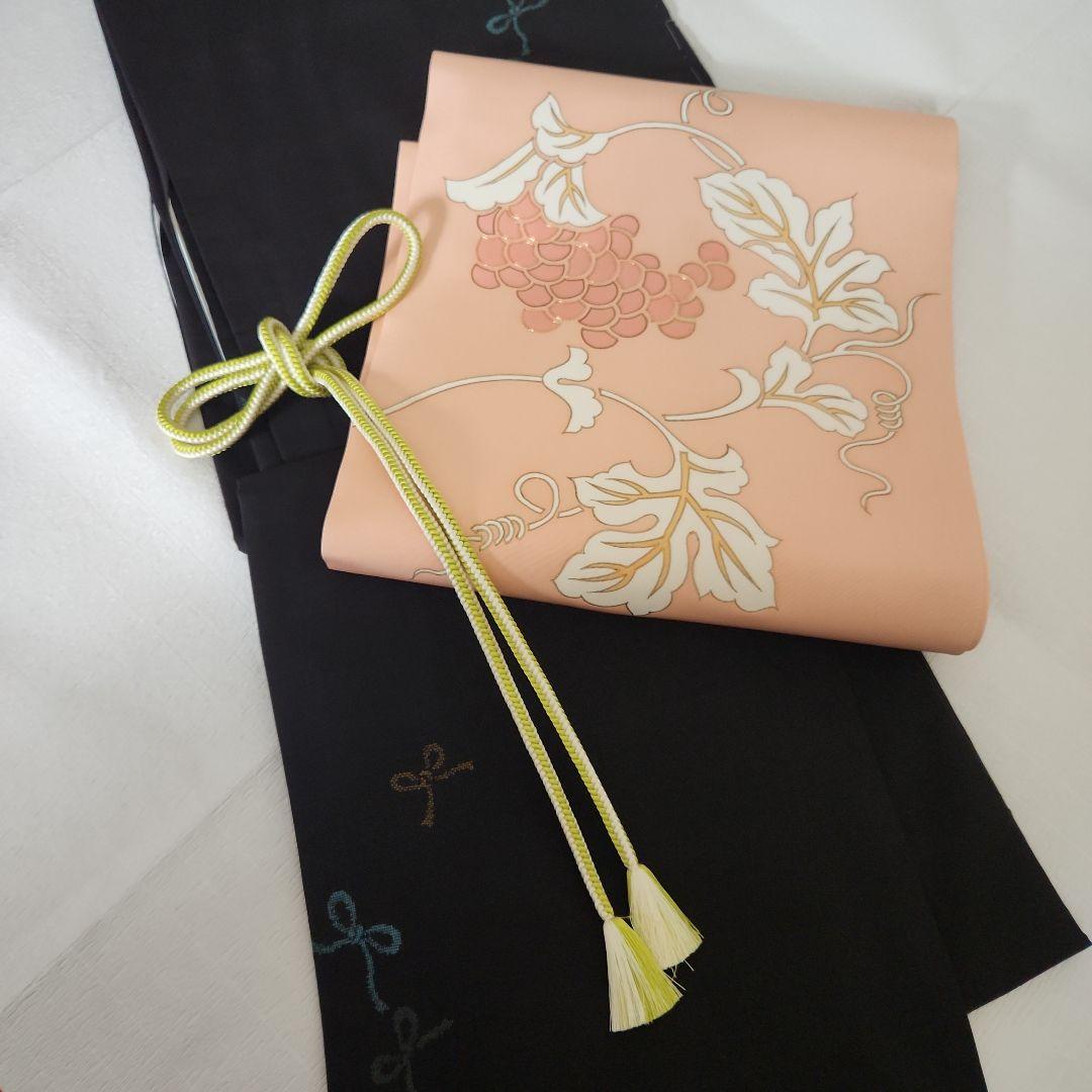 美品　塩瀬　九寸染帯　名古屋帯　つる葡萄　金駒刺繍　乙女色
