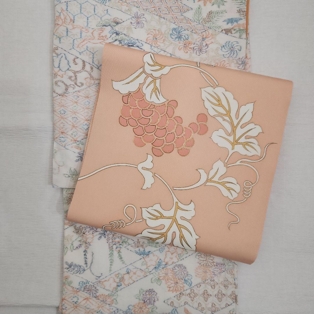 美品　塩瀬　九寸染帯　名古屋帯　つる葡萄　金駒刺繍　乙女色