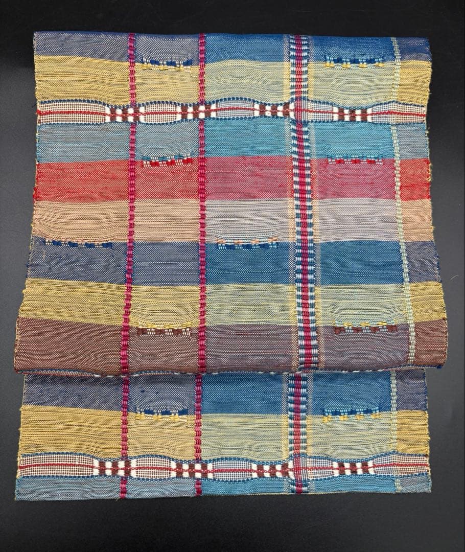 高級　正絹　洒落帯　名古屋帯　紬　めがね織　チェック柄　299