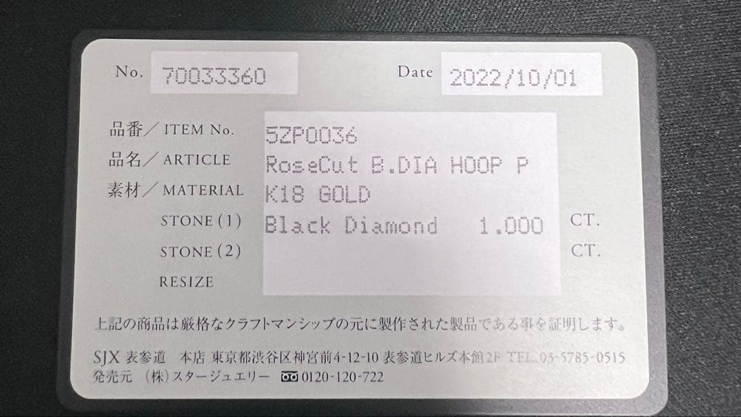 SJX 18K ブラックダイヤ ピアス 片耳 希少モデル 箱・証明書付き