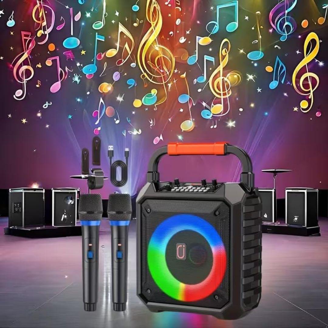 【新品未使用】カラオケ 家庭用 ワイヤレスマイク２本付き 小型カラオケマシン