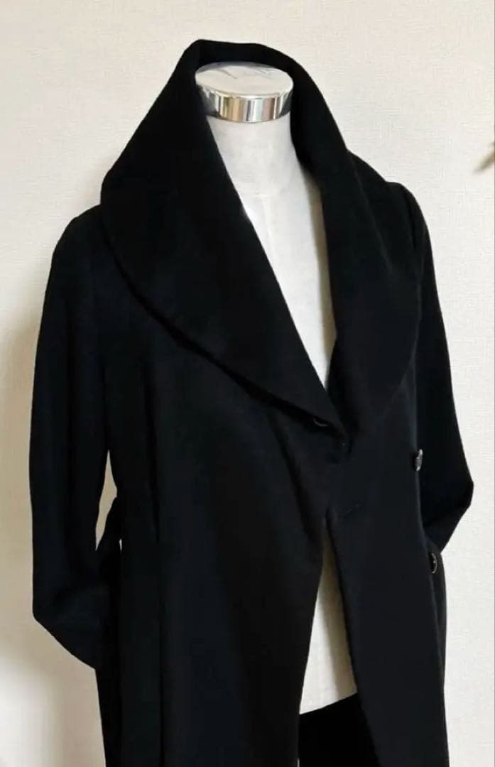 美品 イネド カシミヤ100% ベルト ロング コート 黒 ブラック　9号