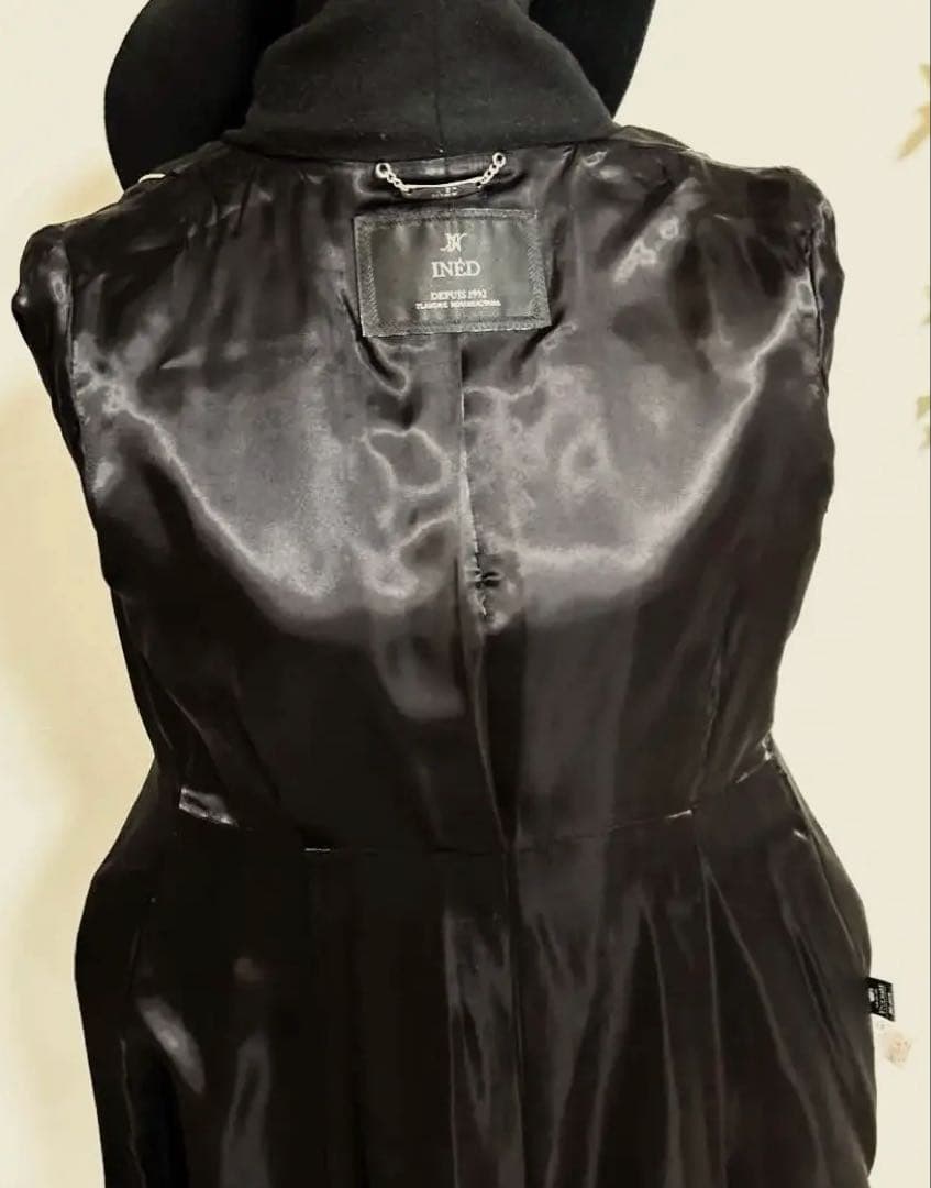 美品 イネド カシミヤ100% ベルト ロング コート 黒 ブラック　9号