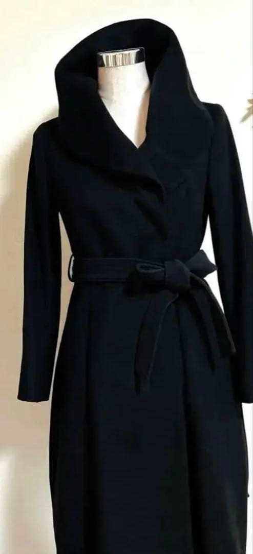 美品 イネド カシミヤ100% ベルト ロング コート 黒 ブラック　9号