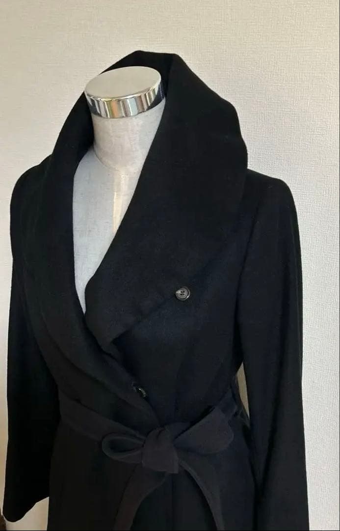美品 イネド カシミヤ100% ベルト ロング コート 黒 ブラック　9号