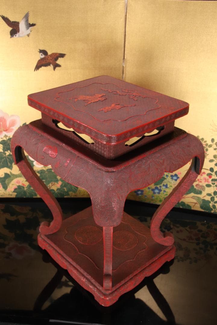 EE020　中国古玩 唐物 花唐草彫文 堆朱 高卓 花台 飾台 香炉台 45cm