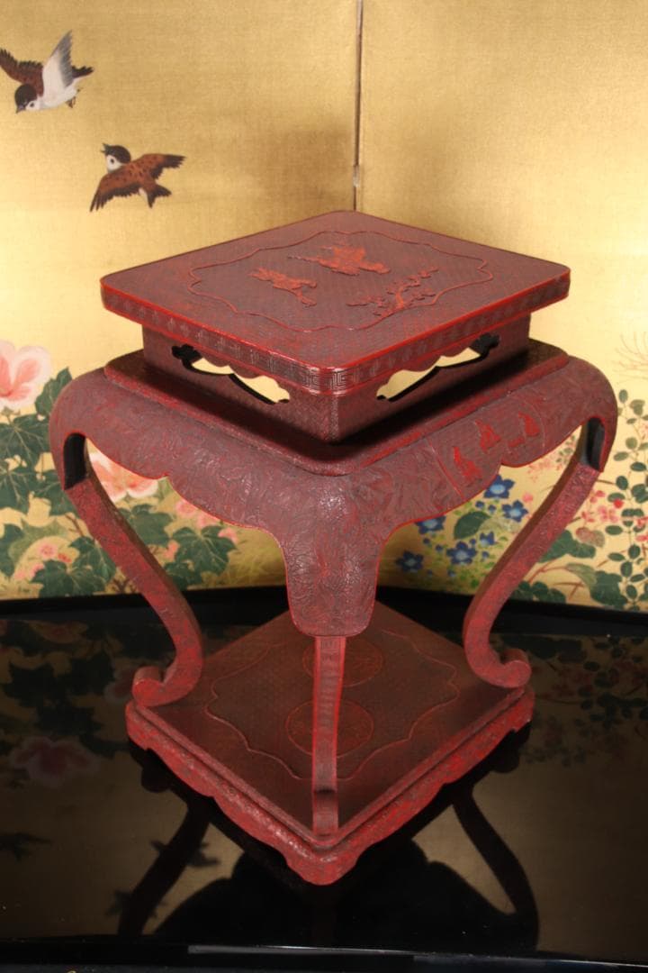 EE020　中国古玩 唐物 花唐草彫文 堆朱 高卓 花台 飾台 香炉台 45cm