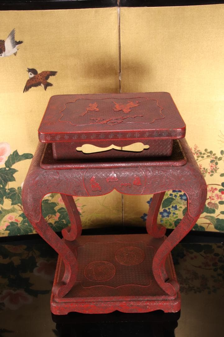 EE020　中国古玩 唐物 花唐草彫文 堆朱 高卓 花台 飾台 香炉台 45cm