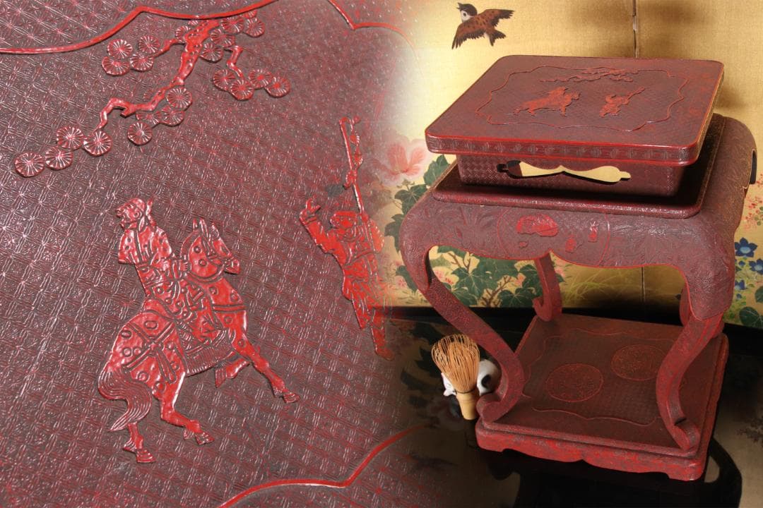 EE020　中国古玩 唐物 花唐草彫文 堆朱 高卓 花台 飾台 香炉台 45cm