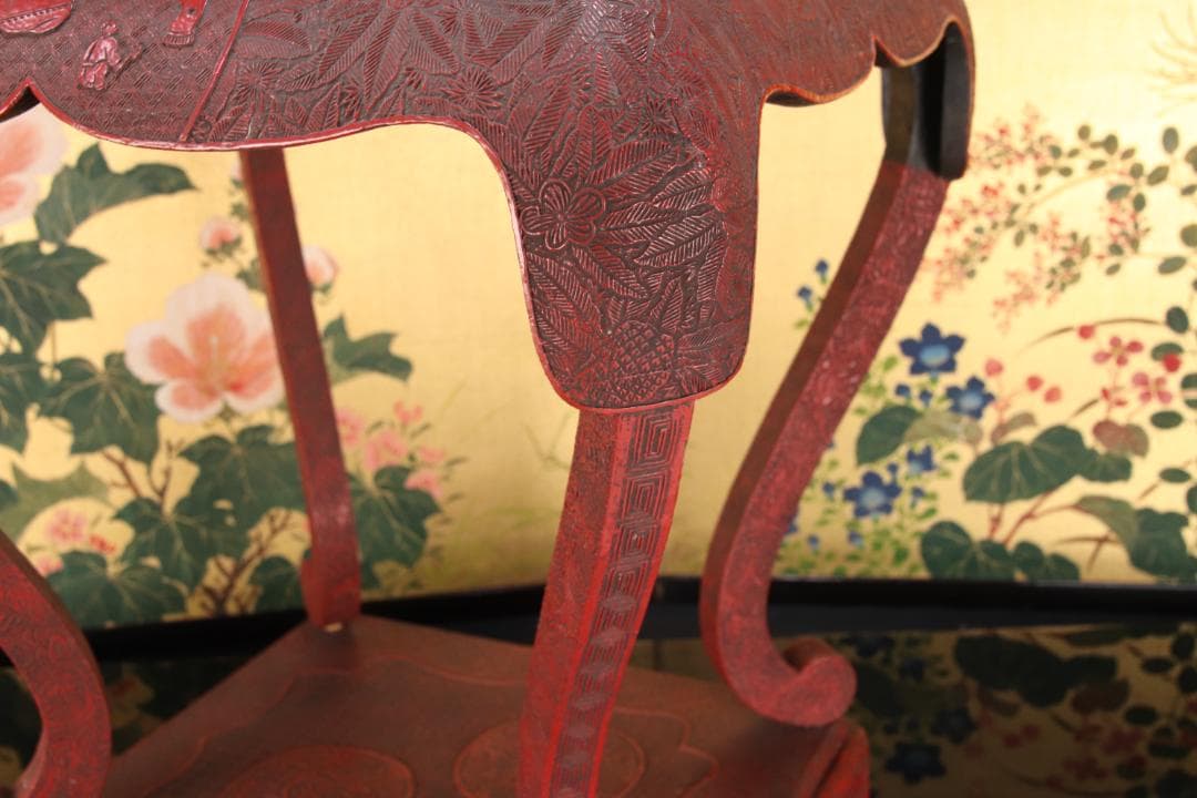 EE020　中国古玩 唐物 花唐草彫文 堆朱 高卓 花台 飾台 香炉台 45cm