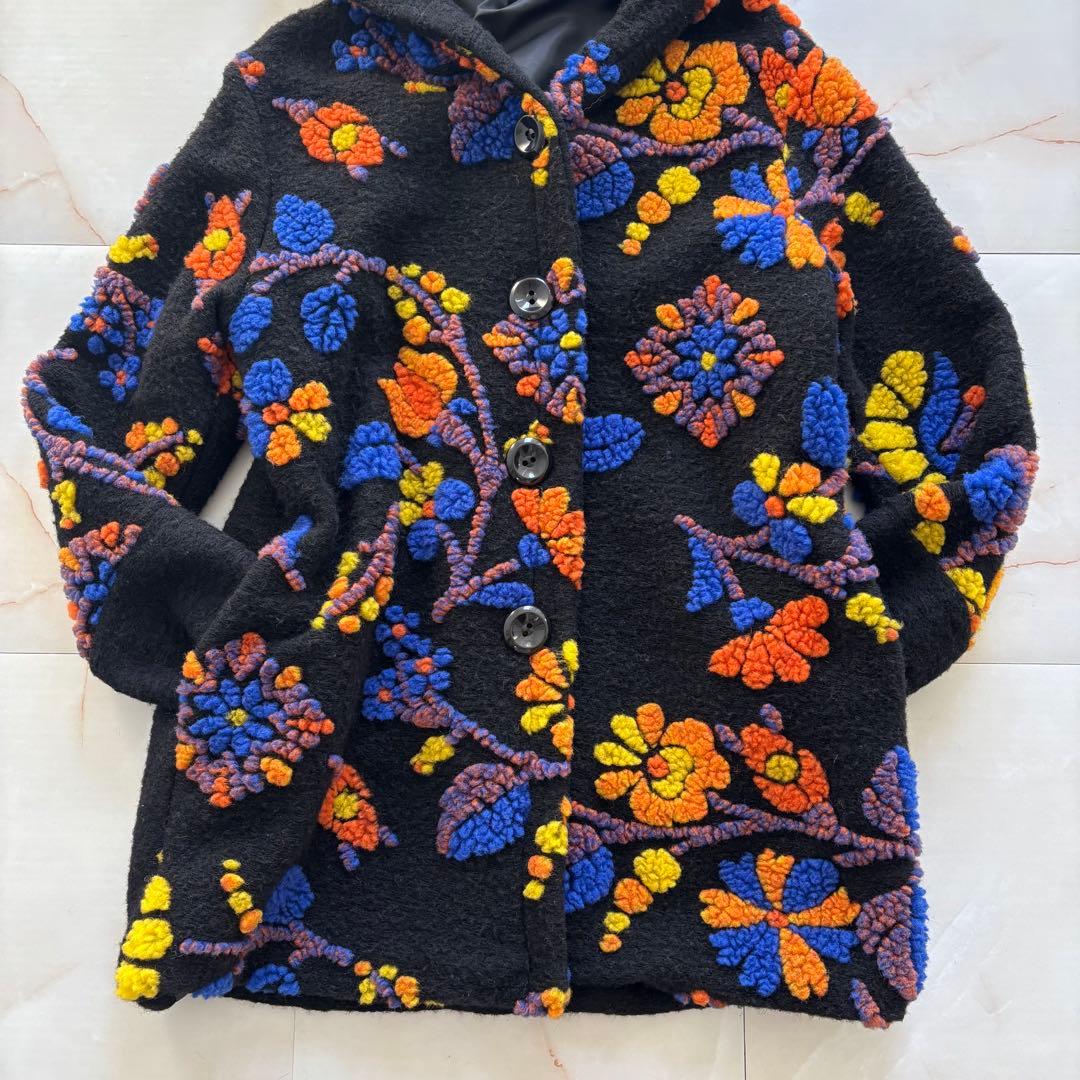 希少✨ イタリア製 圧縮ウール フラワー フード付コート レトロ マルチカラー
