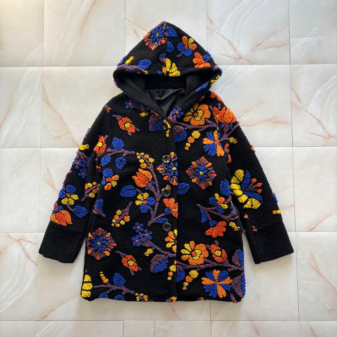 希少✨ イタリア製 圧縮ウール フラワー フード付コート レトロ マルチカラー
