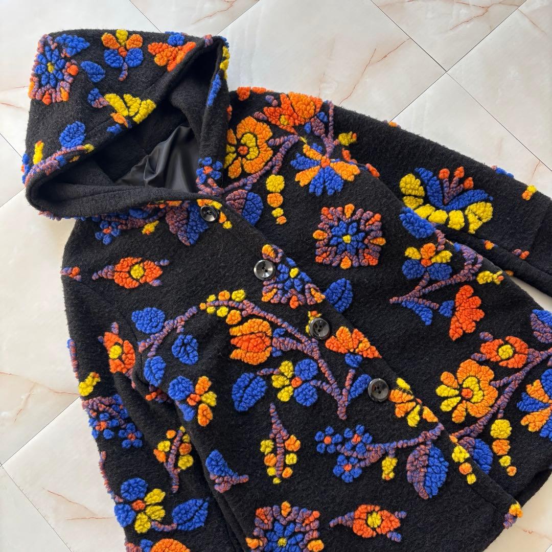 希少✨ イタリア製 圧縮ウール フラワー フード付コート レトロ マルチカラー