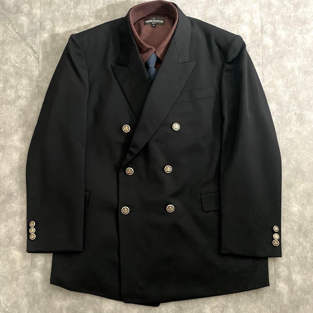 極上 漆黒ウール 黒金ボタン ダブルブレストスーツ OLD CELINEネクタイ