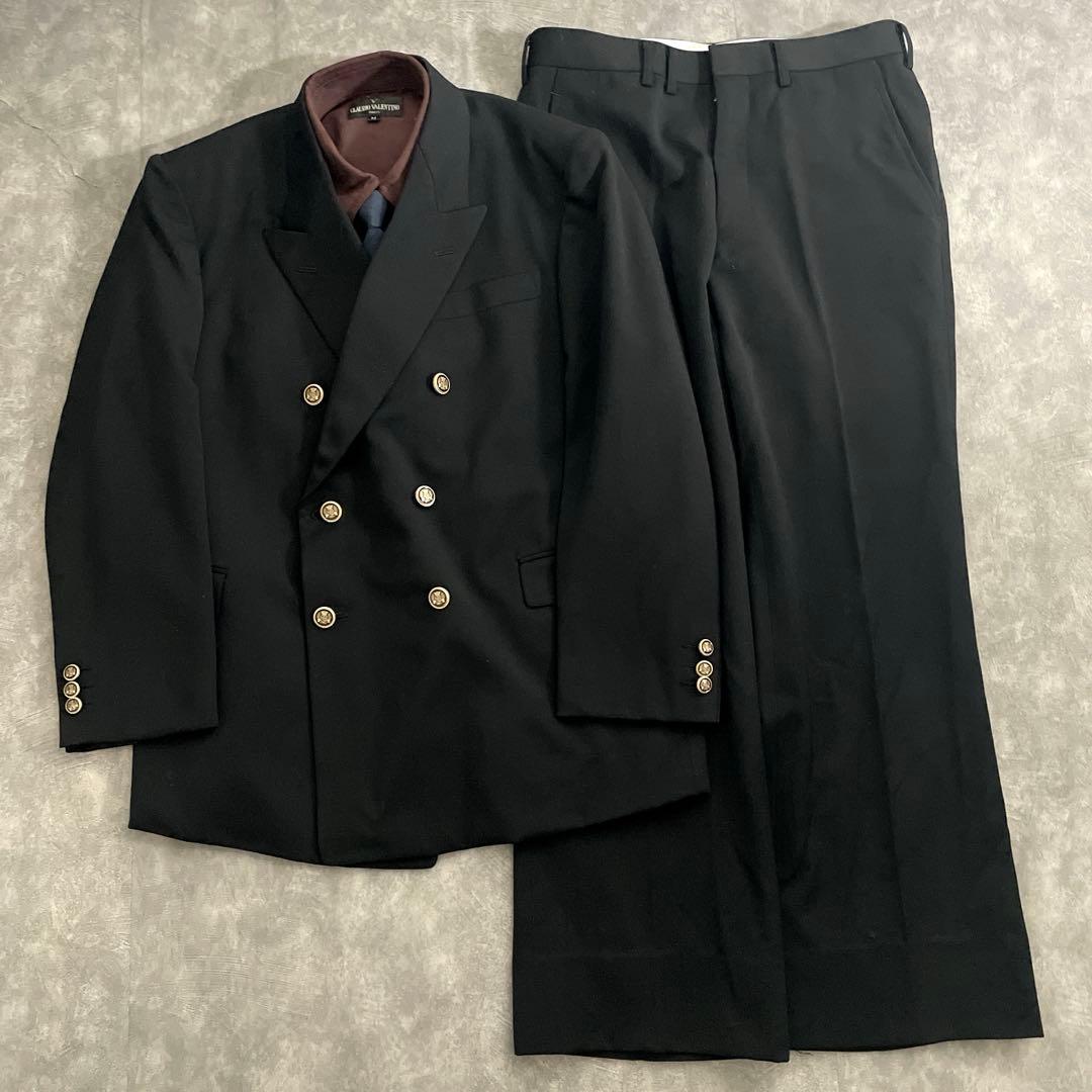 極上 漆黒ウール 黒金ボタン ダブルブレストスーツ OLD CELINEネクタイ