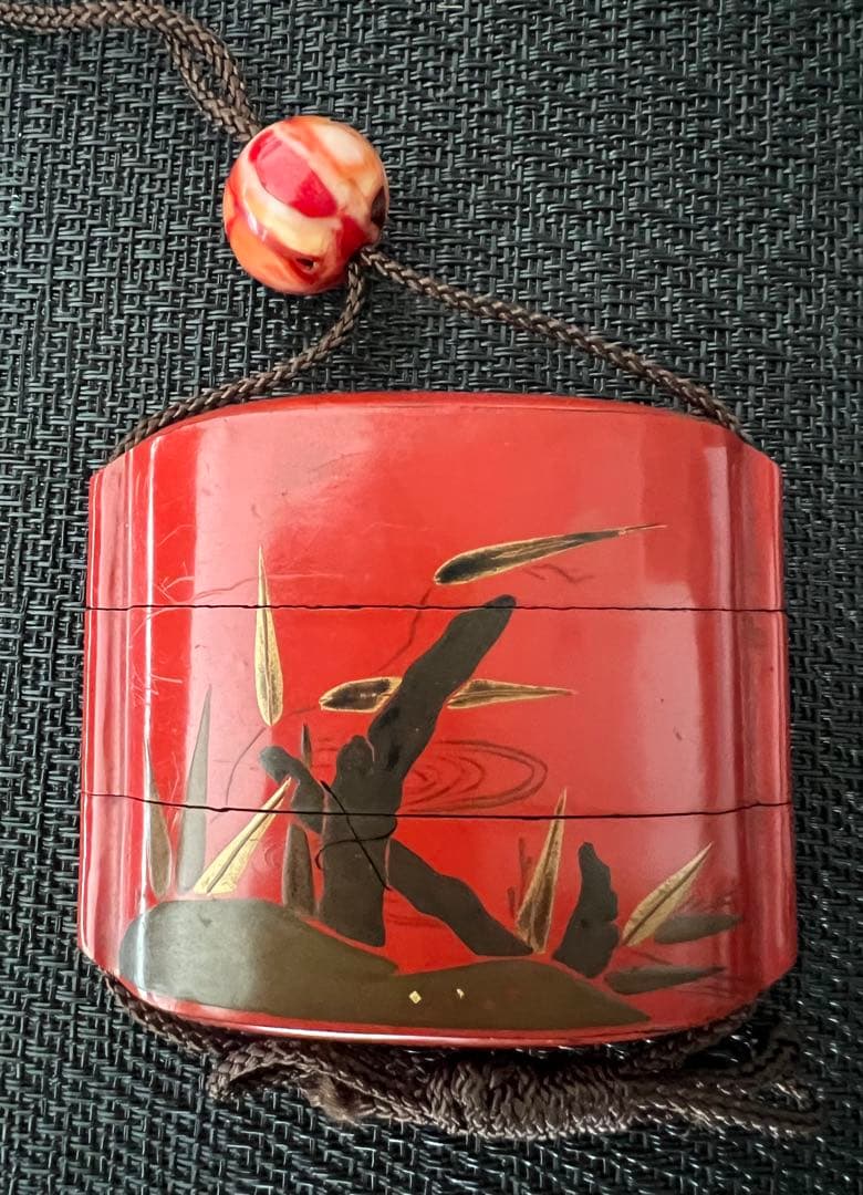 時代物 印籠 根付 蒔絵 三段 鯉 鼠 アンティーク 収納袋付 江戸-明治