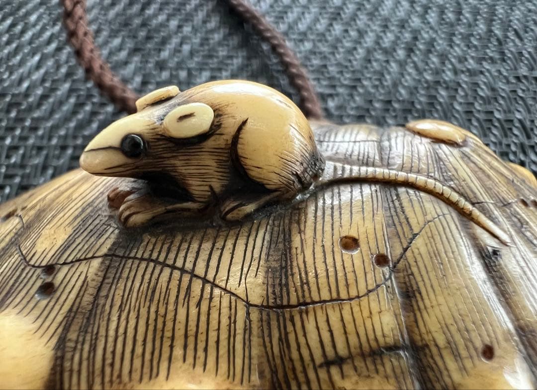 時代物 印籠 根付 蒔絵 三段 鯉 鼠 アンティーク 収納袋付 江戸-明治