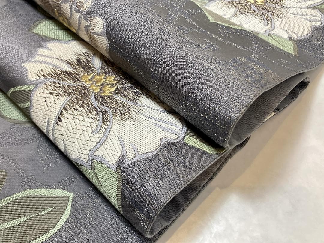 唐織り 金通し 椿 唐花 正絹 金糸 袋帯 黒 グレー 白 緑 709