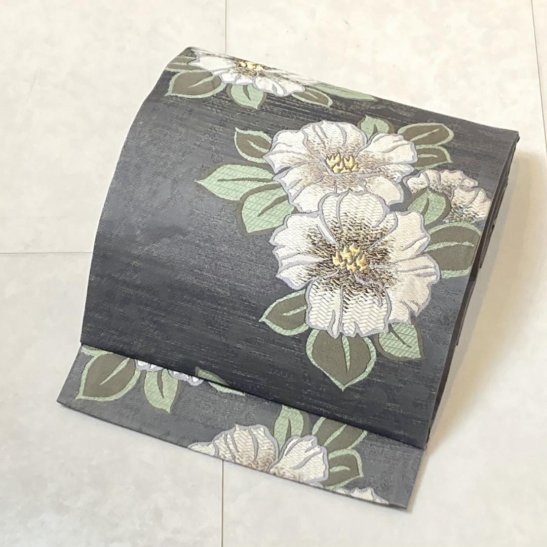 唐織り 金通し 椿 唐花 正絹 金糸 袋帯 黒 グレー 白 緑 709