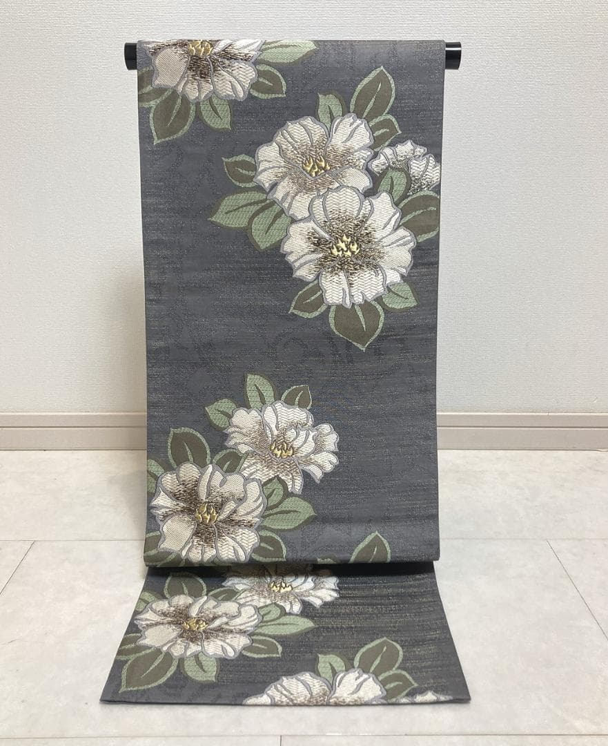 唐織り 金通し 椿 唐花 正絹 金糸 袋帯 黒 グレー 白 緑 709