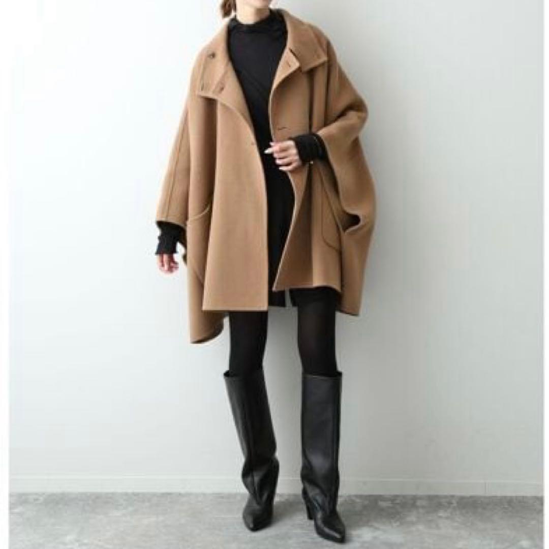 極美品 スローブイエナ 23年 スタンドカラーダブルフェイスポンチョ キャメル