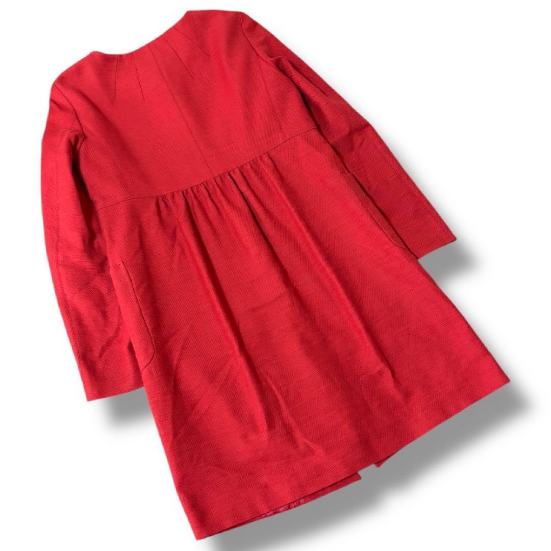 【美品】マックスマーラMaxMara STUDIO★ノーカラー★ミドルコートL赤