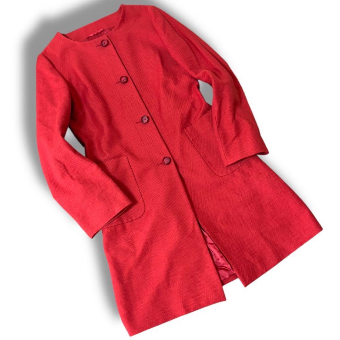 【美品】マックスマーラMaxMara STUDIO★ノーカラー★ミドルコートL赤