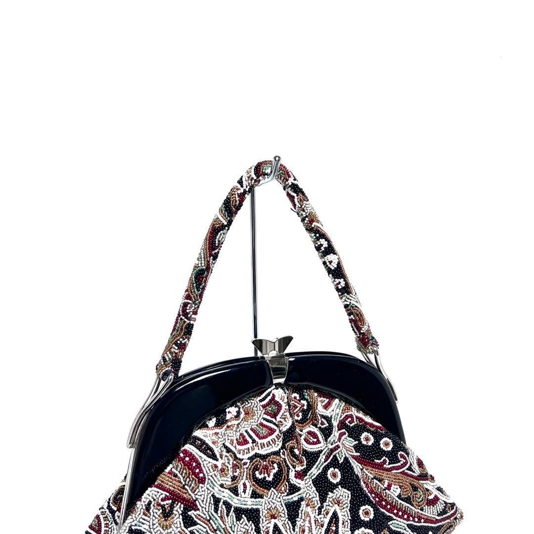 【美品】KUJAKUDO/ビーズ総刺繍/総柄/がま口/ビーズバッグ ハンドバッグ