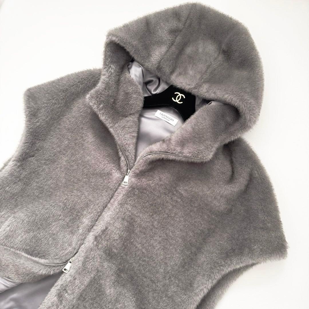 極美品✨24AWリナージオ ミンク風フェイクフレンチスリーブジレ ベスト グレー