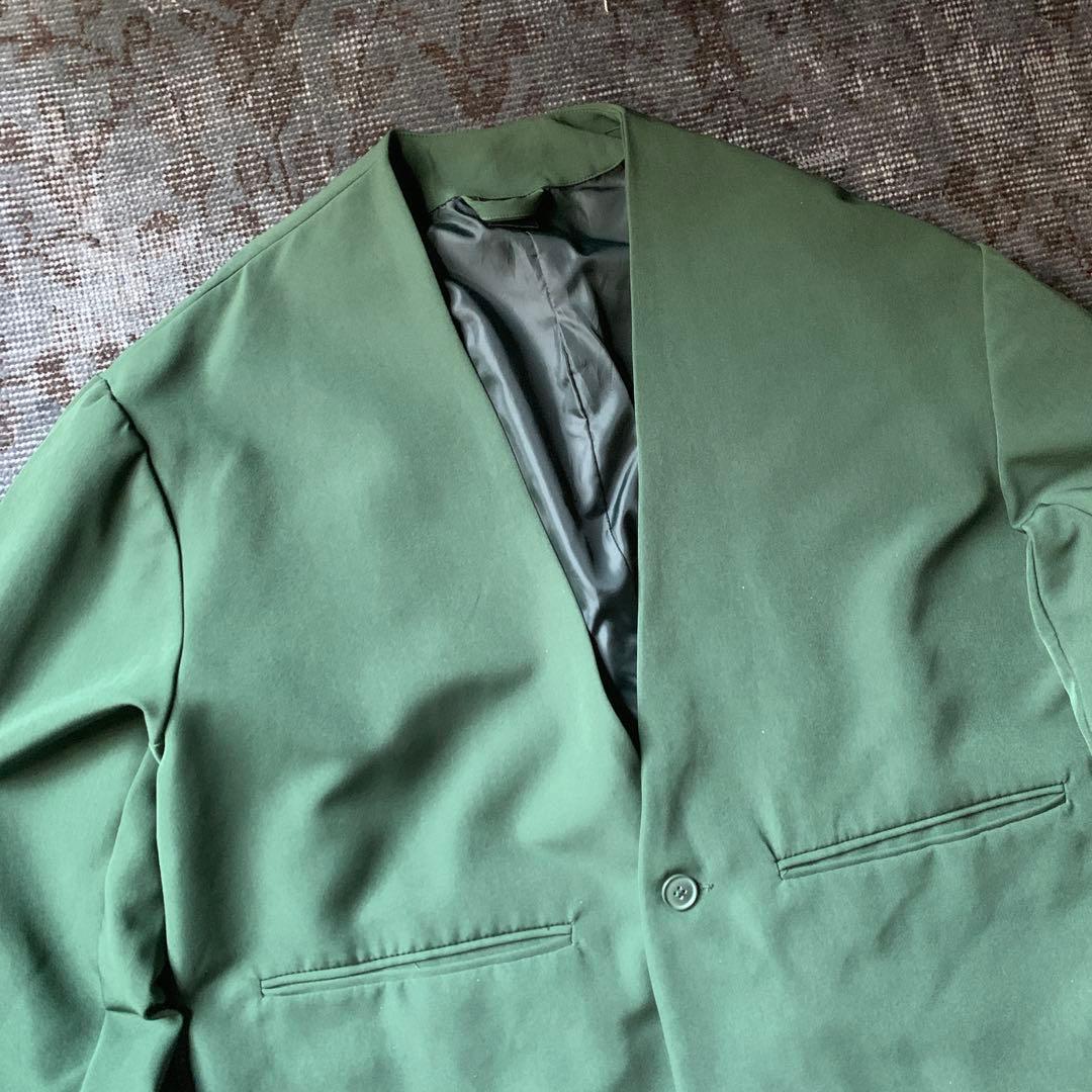 希少カラー ノーカラー セットアップ スーツ グリーン レトロ お洒落 古着