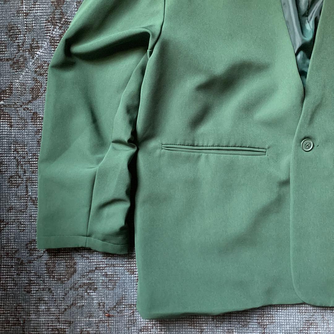 希少カラー ノーカラー セットアップ スーツ グリーン レトロ お洒落 古着