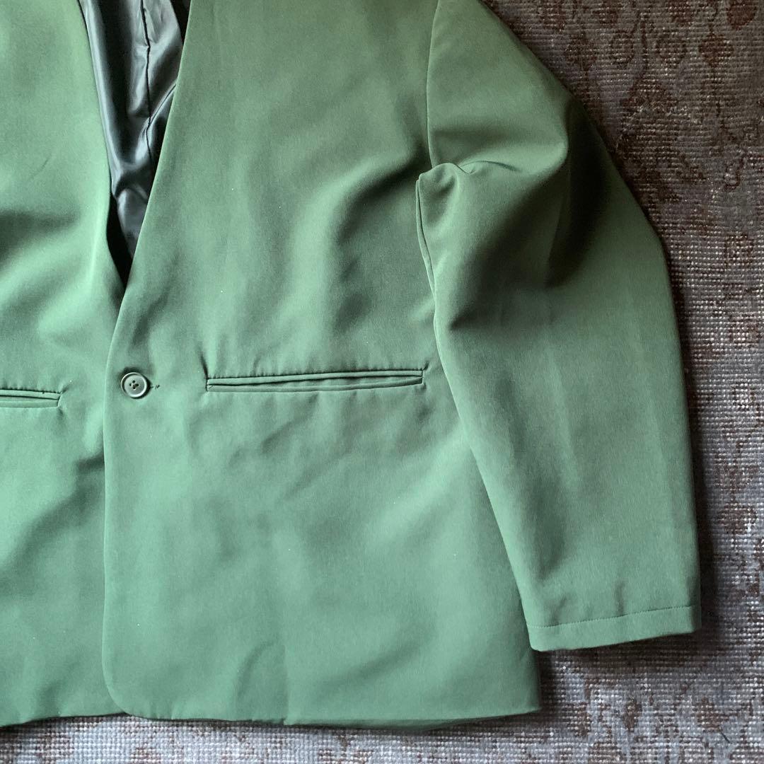 希少カラー ノーカラー セットアップ スーツ グリーン レトロ お洒落 古着