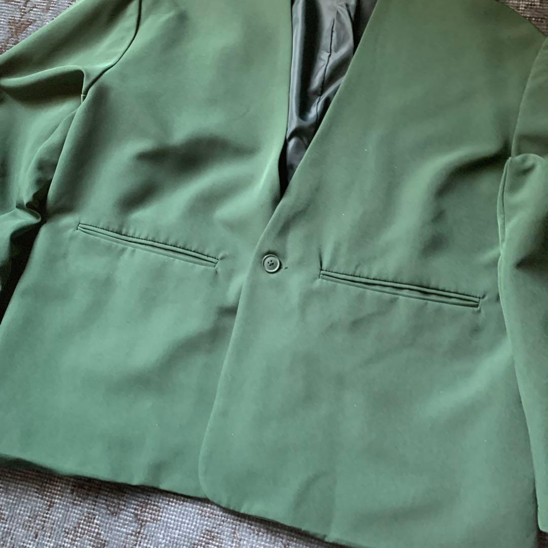 希少カラー ノーカラー セットアップ スーツ グリーン レトロ お洒落 古着