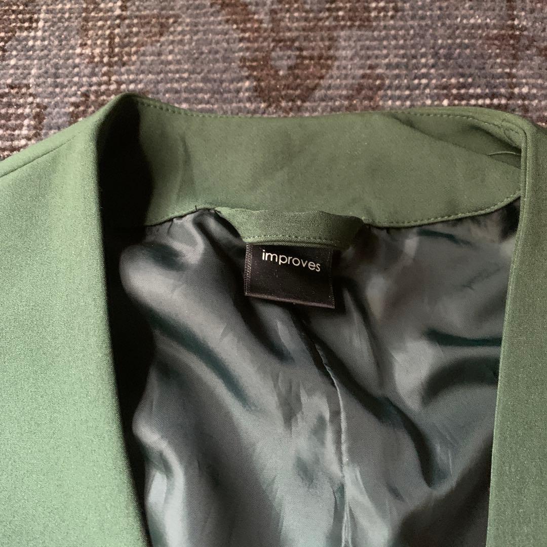 希少カラー ノーカラー セットアップ スーツ グリーン レトロ お洒落 古着