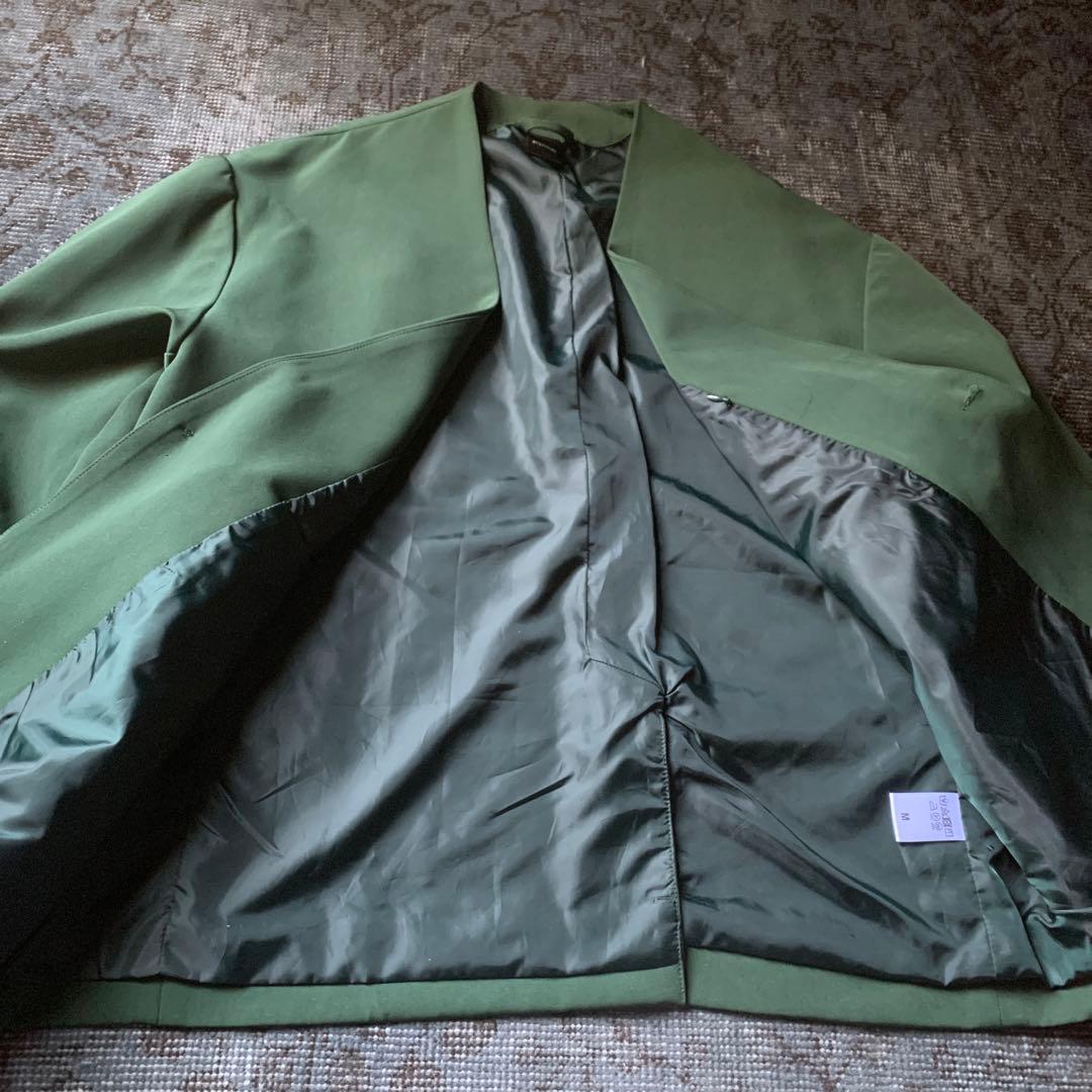 希少カラー ノーカラー セットアップ スーツ グリーン レトロ お洒落 古着