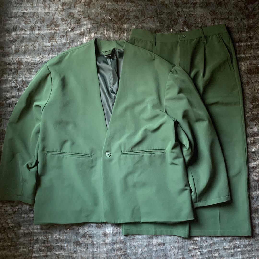 希少カラー ノーカラー セットアップ スーツ グリーン レトロ お洒落 古着