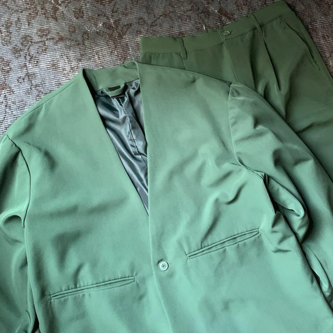 希少カラー ノーカラー セットアップ スーツ グリーン レトロ お洒落 古着