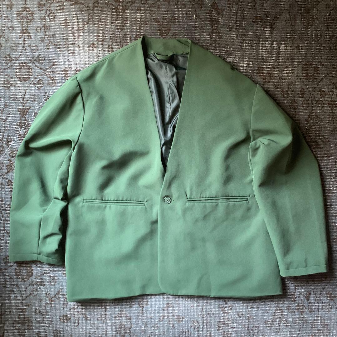 希少カラー ノーカラー セットアップ スーツ グリーン レトロ お洒落 古着