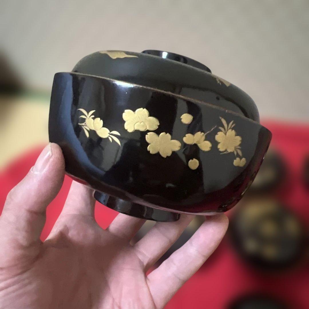 旧家蔵出　輪島塗吸物椀　木製　黒塗金蒔絵　金縁