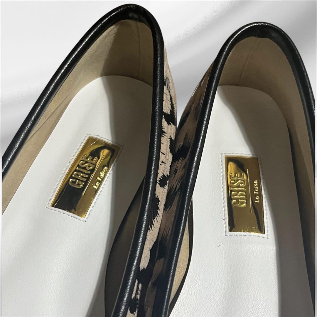 【美品】ルタロンGRISEレザースクエアプリーツレオパード柄フラット24.5cm