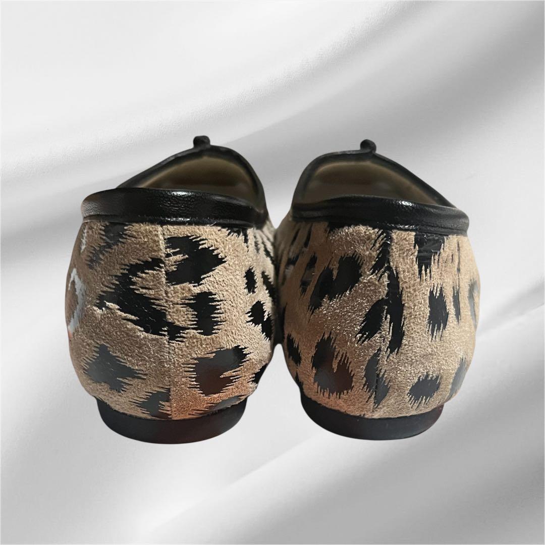 【美品】ルタロンGRISEレザースクエアプリーツレオパード柄フラット24.5cm