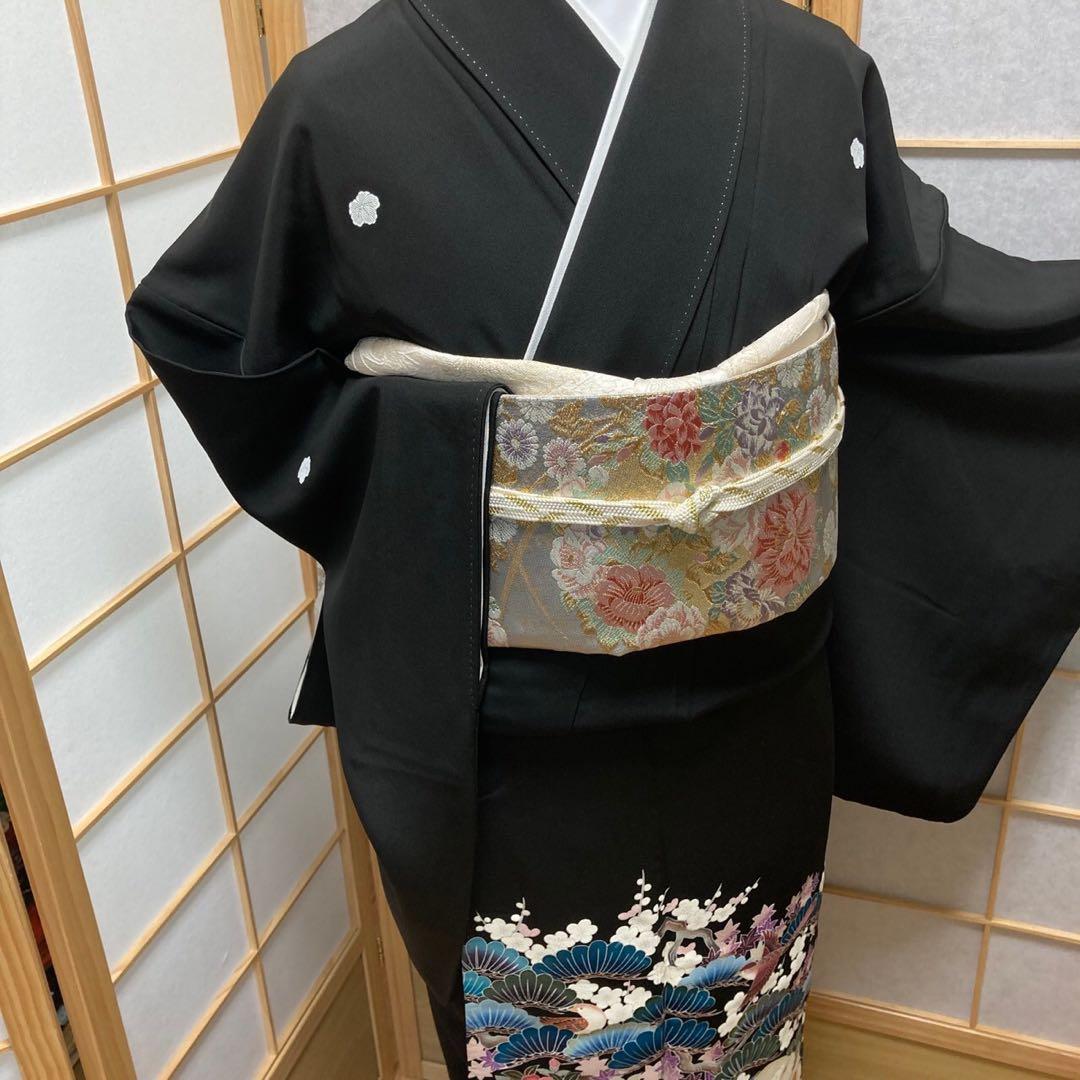 ［3110］黒留袖 美品 鴛鴦 作家物 比翼付 友禅 五つ紋 蔦 正絹 着物 袷