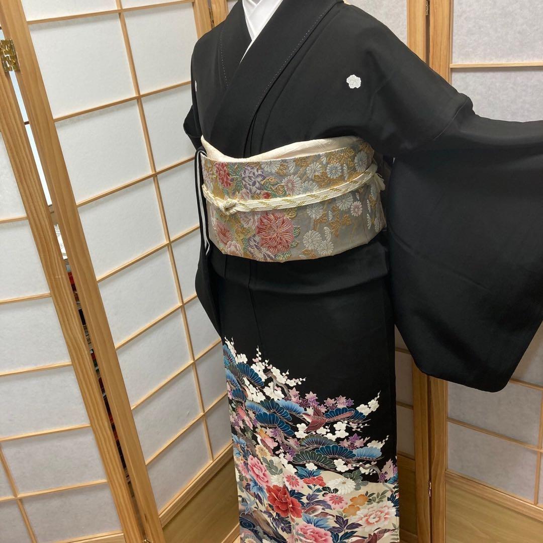 ［3110］黒留袖 美品 鴛鴦 作家物 比翼付 友禅 五つ紋 蔦 正絹 着物 袷