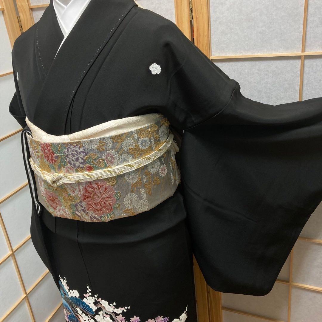 ［3110］黒留袖 美品 鴛鴦 作家物 比翼付 友禅 五つ紋 蔦 正絹 着物 袷