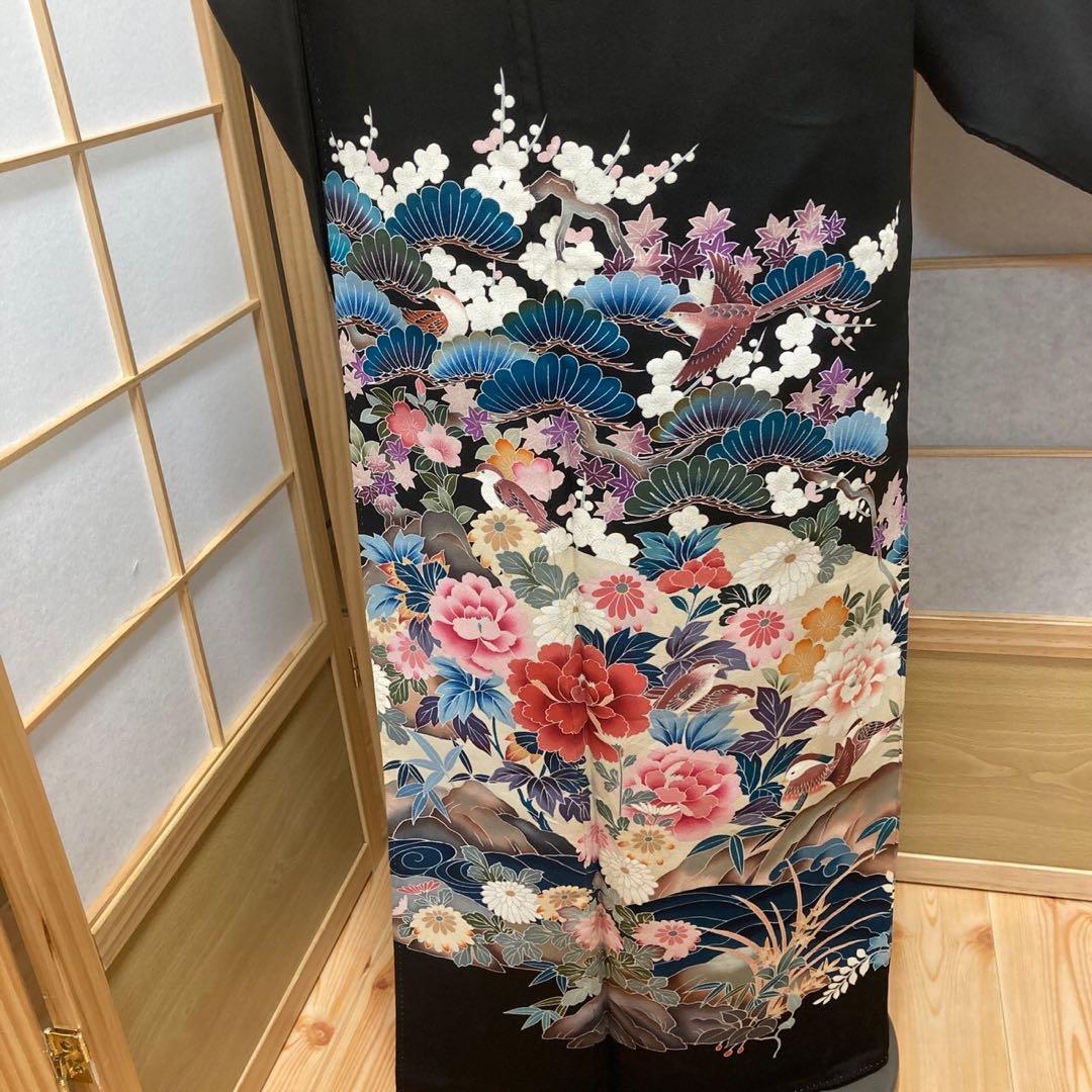 ［3110］黒留袖 美品 鴛鴦 作家物 比翼付 友禅 五つ紋 蔦 正絹 着物 袷