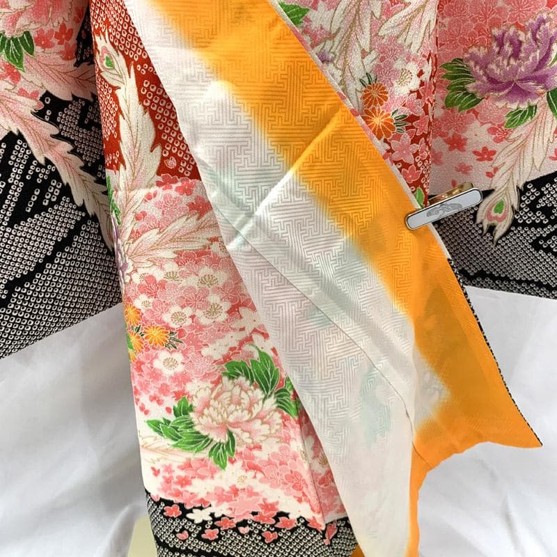 505ag18■七五三 七歳 女児 着物&袋帯&長襦袢 鹿の子 牡丹■状態良好