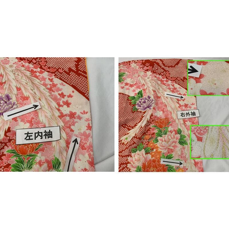 505ag18■七五三 七歳 女児 着物&袋帯&長襦袢 鹿の子 牡丹■状態良好