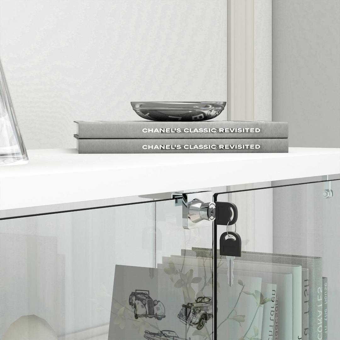 【ホワイト】 LED照明・引出し付 ガラス収納キャビネット4段 両開ドア