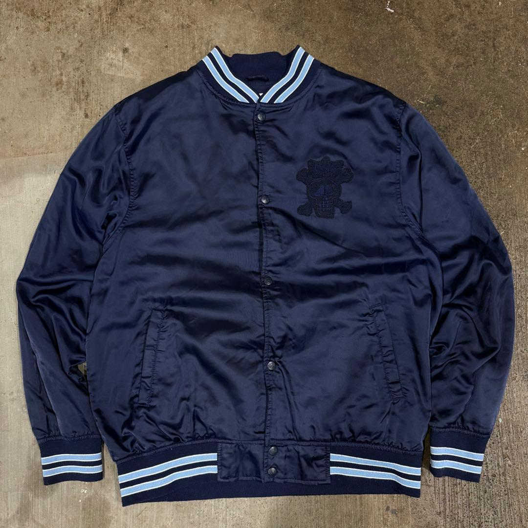 00s y2k old STUSSY 骸骨　ワッペン　スタジャン ネイビー XL