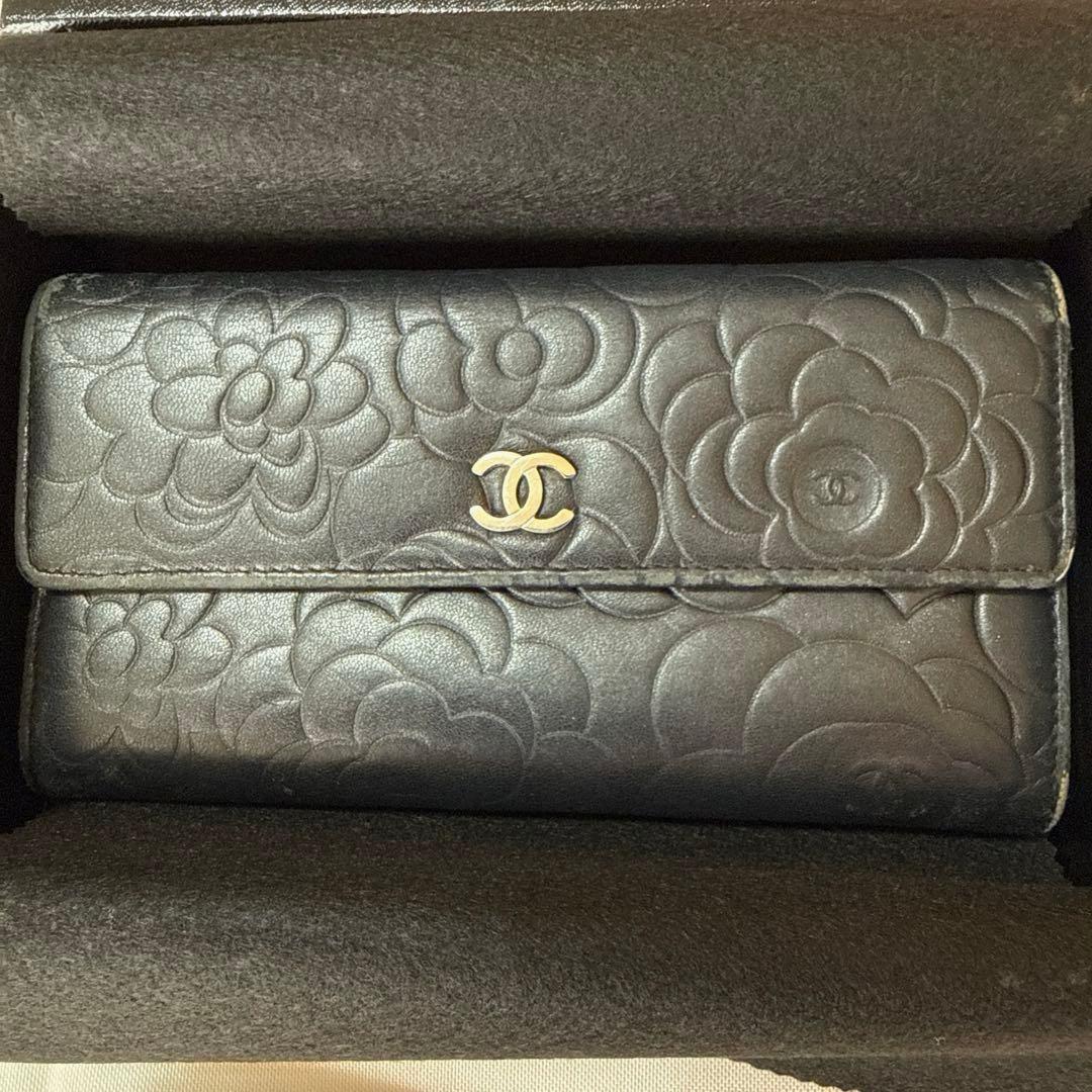 CHANEL ブラック 長財布 カメリア 箱付きココマーク